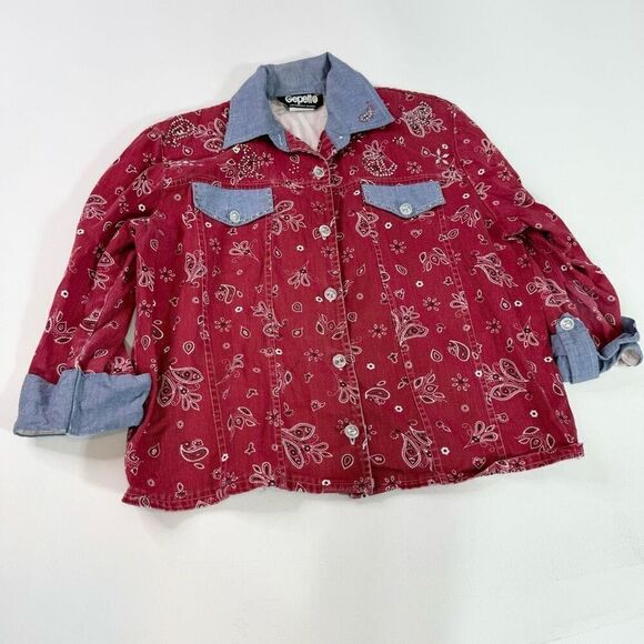 Gepetto Shirt Women Small Blue Denim Red Bandana Long-Sleeve Button-Down Country - Picture 1 of 12